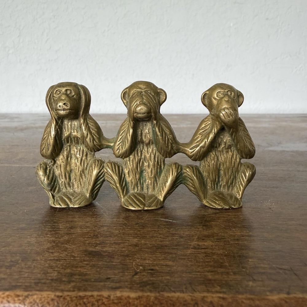 Vintage Solid Brass 3 Wise Monkeys See Hear Speak No Evil Shelf Figurines Statue